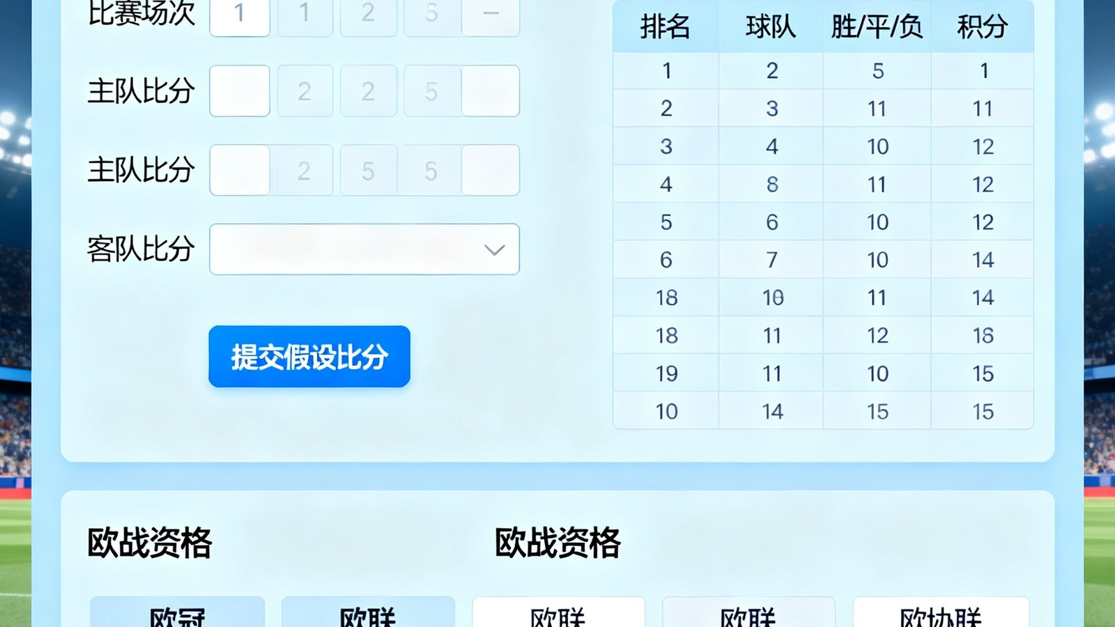 积分榜模拟器界面，用户可输入多场假设比分并实时更新联赛排名与欧战资格